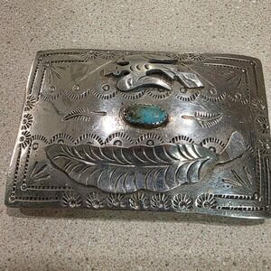 Vintage Belt Buckle Silver Turquoise Feather Western Handcrafted, Navajo?, GUC